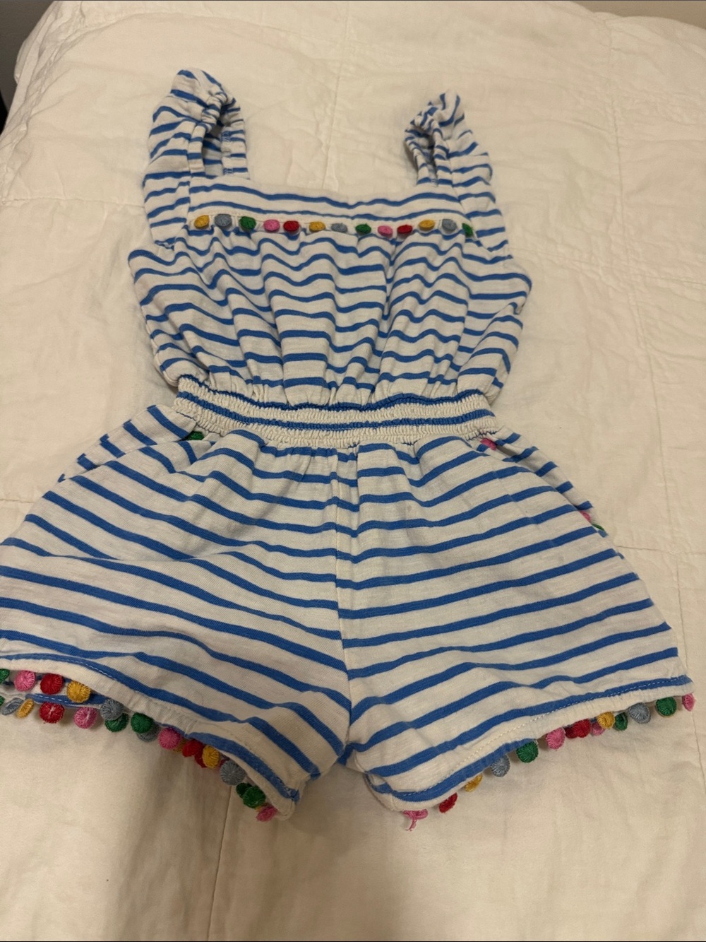 Mini Boden Blue & White Striped Girls Romper with Multicolor Pom Trim